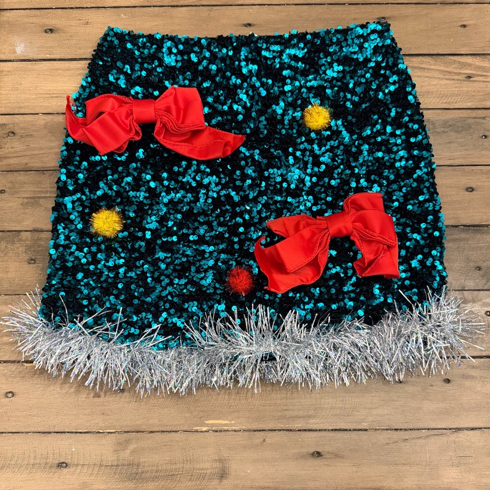 NWT Green Sequined Ugly Christmas Stretch Mini Skirt w/ Bows, PomPoms & Tinsel